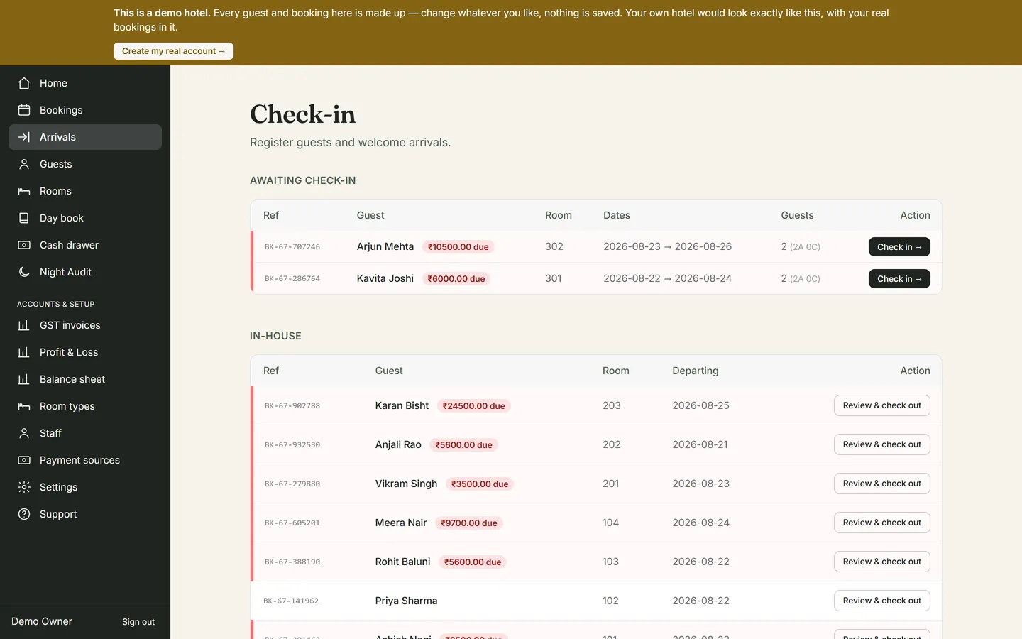 Hridyaa check-in screen showing awaiting arrivals and in-house guests with balance due and checkout actions